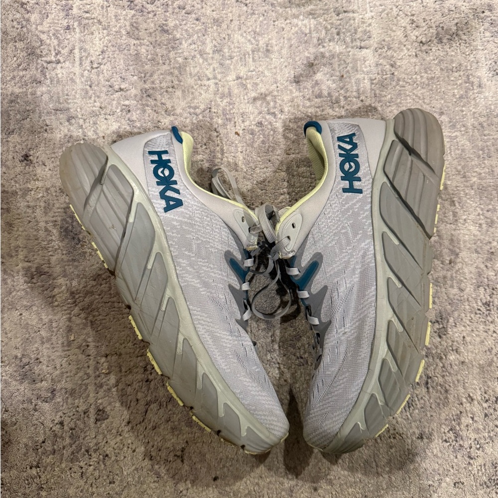 Hoka Light Gray and Blue Athletic Shoes